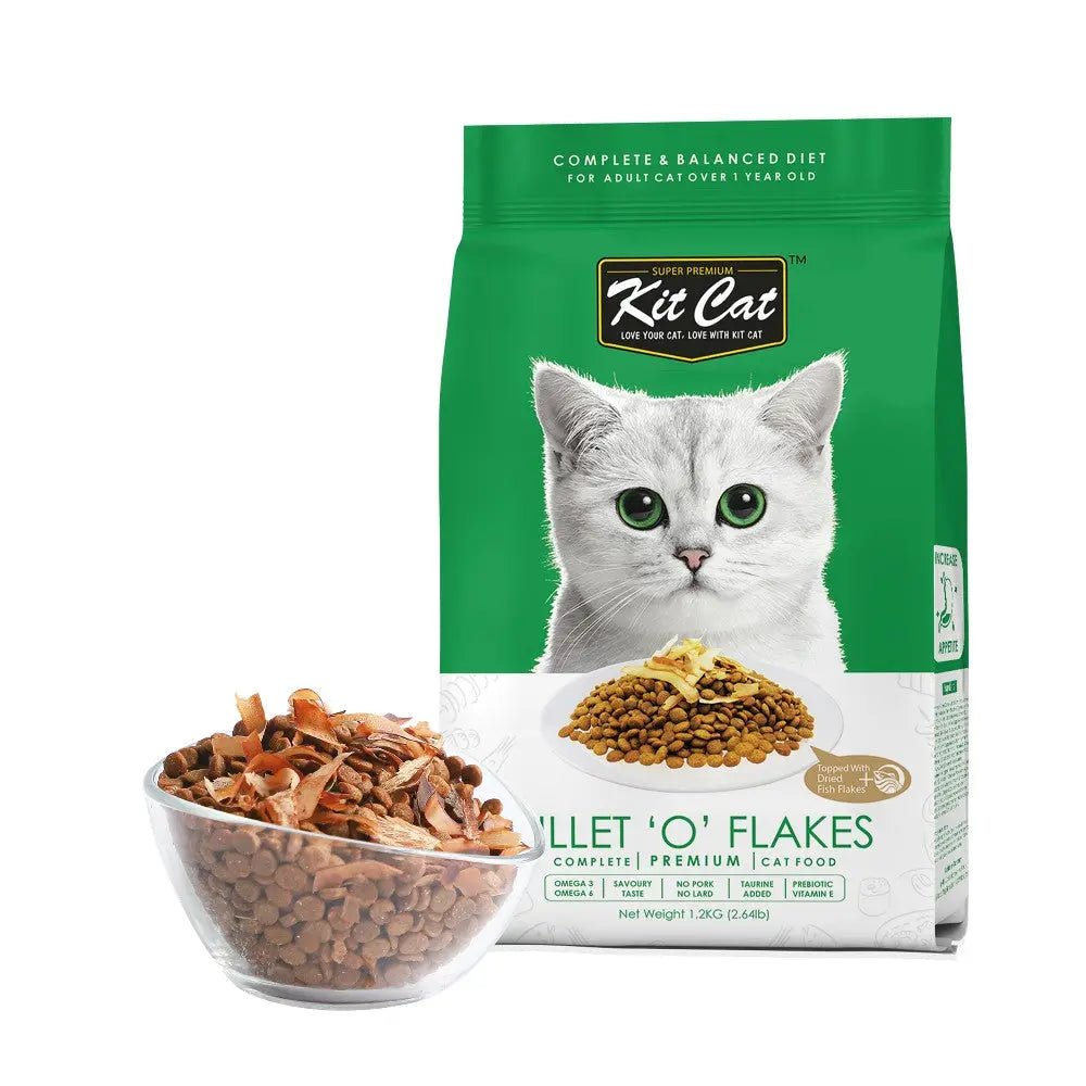Premium Kit Cat cat food with fillet flakes and a bowl of ingredients for a balanced diet.