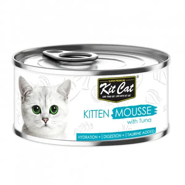 Kit Cat kitten mousse with tuna in a can, promoting hydration and digestion for young cats.