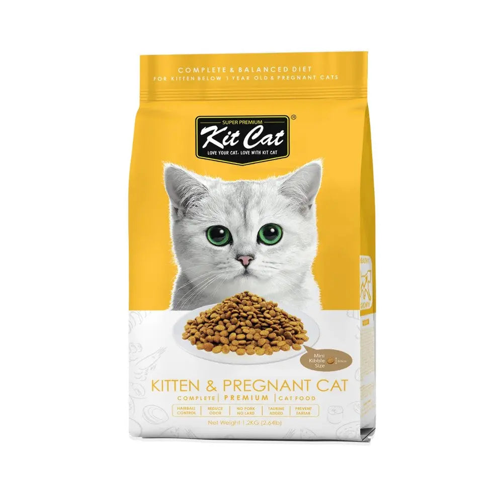 Kit Cat premium cat food for kittens and pregnant cats, featuring a balanced diet and nutritious ingredients.