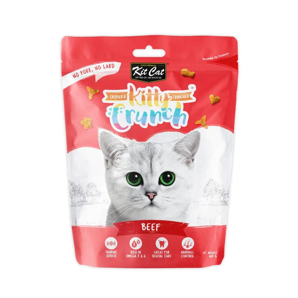 Kit Cat Kitty Crunch beef cat treats packaging with a playful cat design and nutritional information.