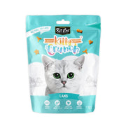 Kit Cat Kitty Crunch lamb-flavored cat treats in a vibrant packaging with a playful cat design.