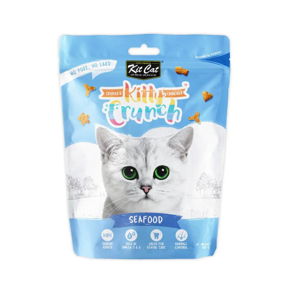 Kit Cat Kitty Crunch seafood cat treats packaging with a playful cat design and nutritional information.