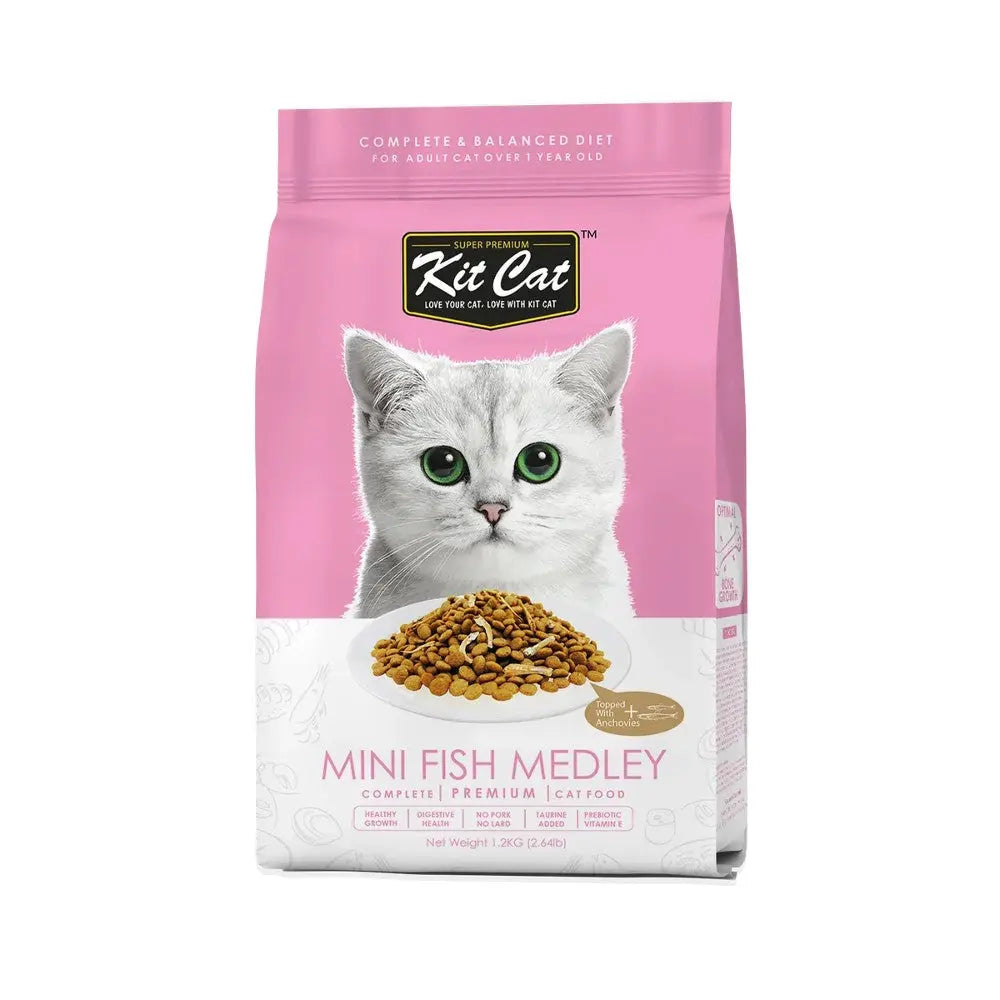 Kit Cat Mini Fish Medley cat food bag featuring a balanced diet for cats over one year old.