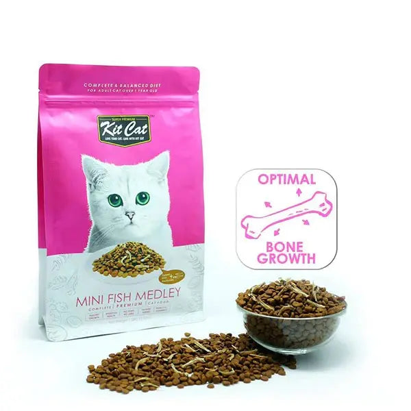 Kit Cat Mini Fish Medley cat food bag with ingredients for optimal bone growth and nutrition.