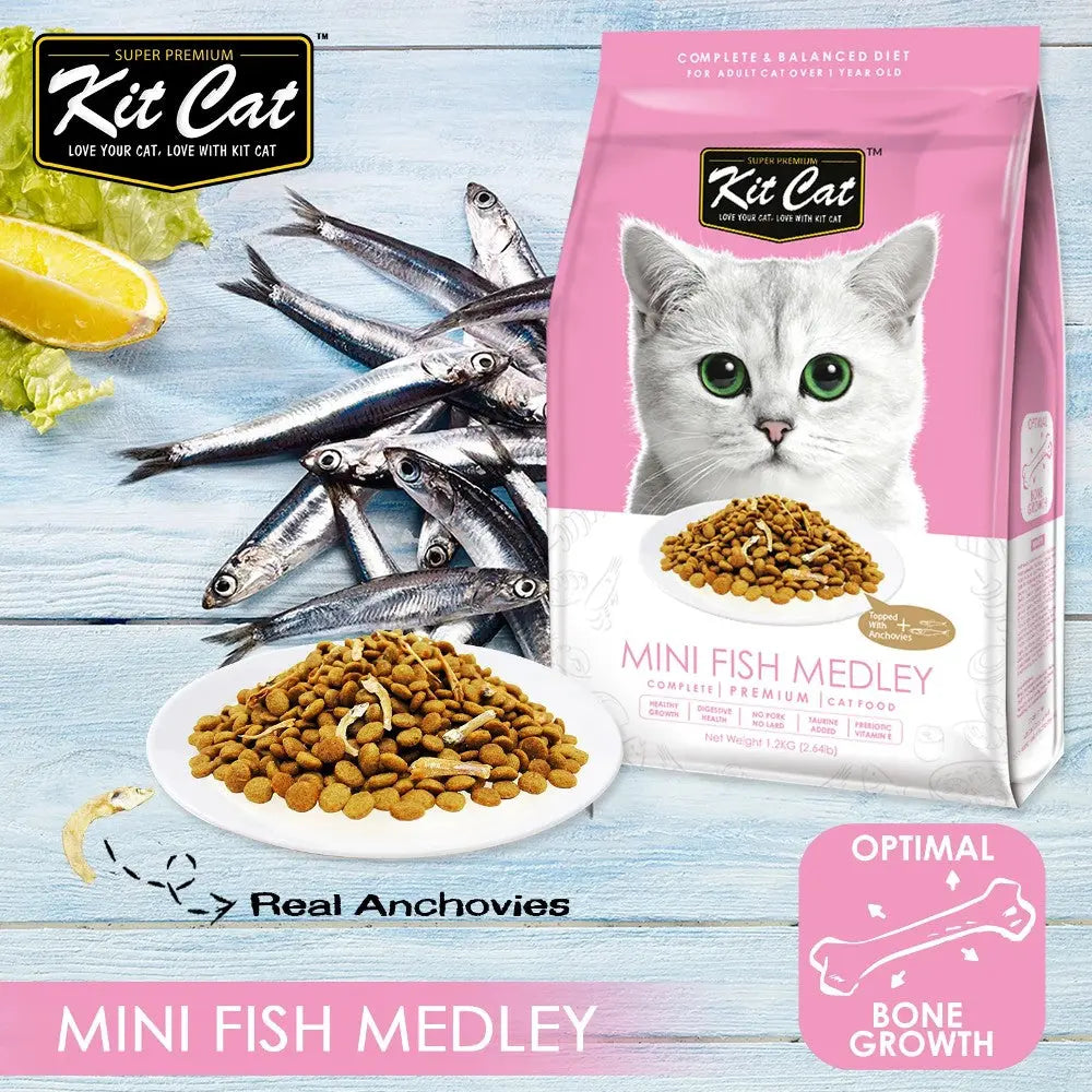 Kit Cat Mini Fish Medley cat food with real anchovies for optimal bone growth and balanced nutrition.