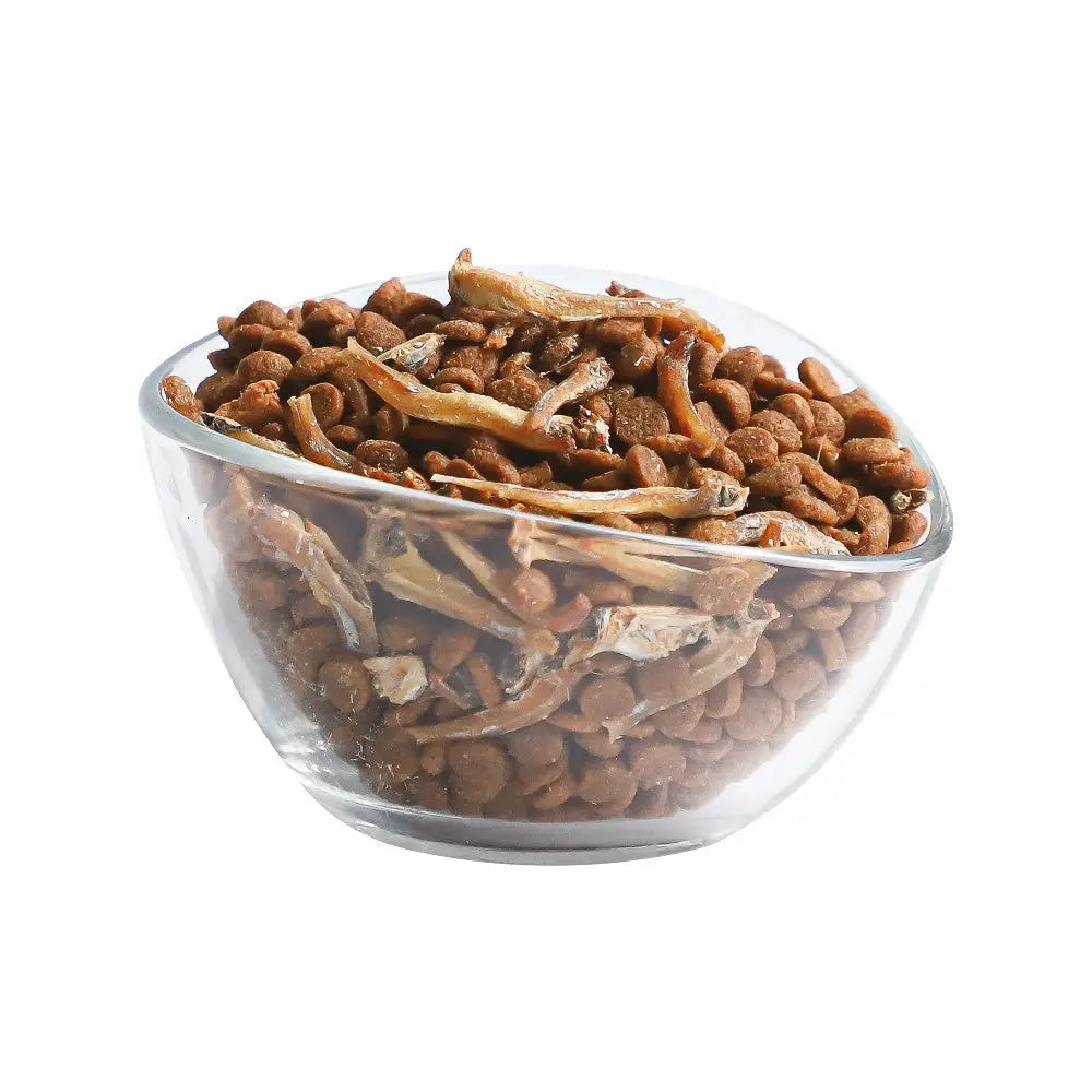 Bowl of pet food featuring crunchy kibble and fish treats for a nutritious meal.