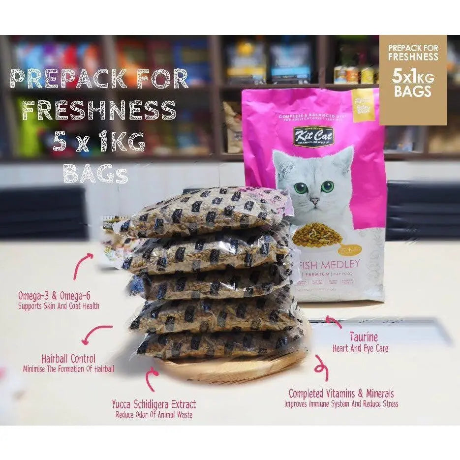 Prepackaged cat food bags highlighting freshness, ingredients, and health benefits for pets.