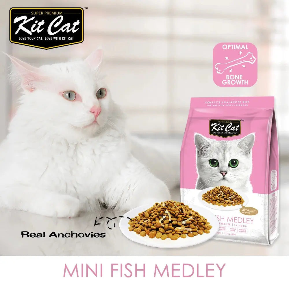 Kit Cat Mini Fish Medley cat food with real anchovies for optimal bone growth and nutrition.