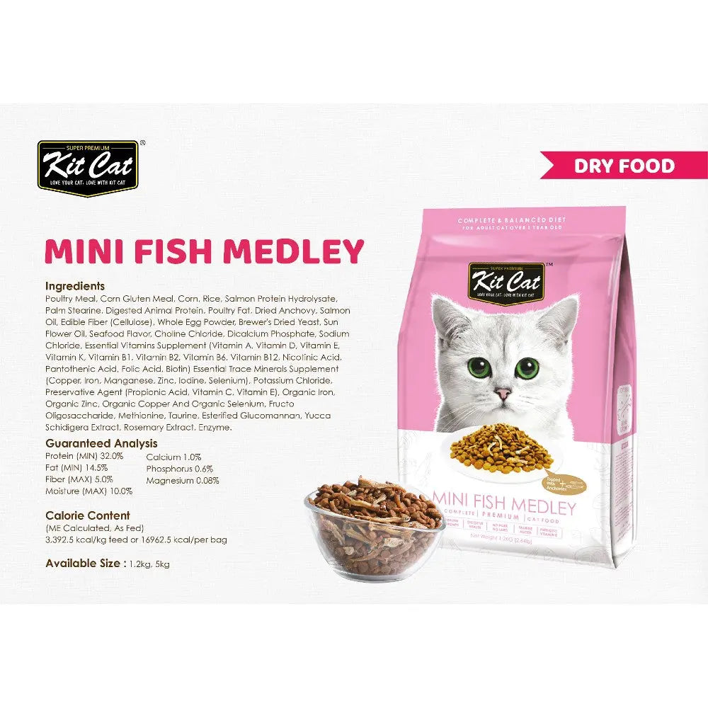 Kit Cat Mini Fish Medley dry cat food bag with ingredients and feeding guide displayed.