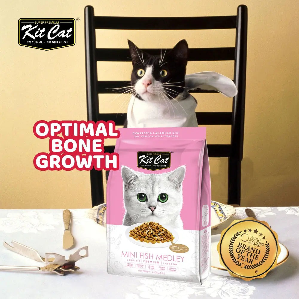 Cat sitting at a table with Kit Cat Mini Fish Medley food bag, promoting optimal bone growth.