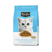 Premium cat food bag featuring Kit Cat brand, labeled "Pick of the Ocean" with a cat image and ingredients.
