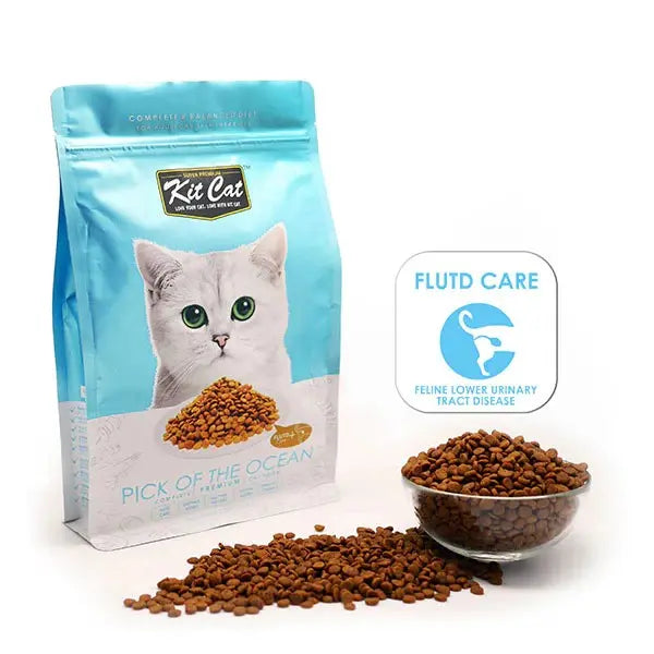 Kit Cat Pick of the Ocean cat food bag with bowl, promoting FLUTD care for feline health.