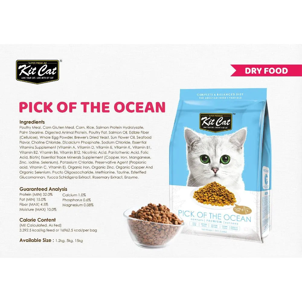 Kit Cat Pick of the Ocean dry cat food bag with ingredients and feeding guide.