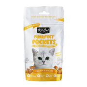 Crispy cat treat pouch featuring chicken and cheese, perfect for picky eaters.