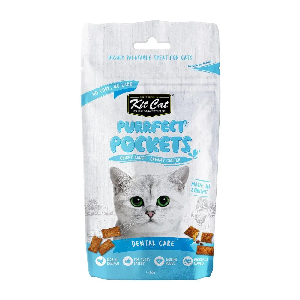 Purrfect Pockets cat treats with crispy crust and creamy center for dental care, made in Europe.