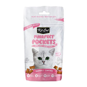 Kit Cat Purrfect Pockets cat treats for hairball control, featuring a crispy crust and creamy center.