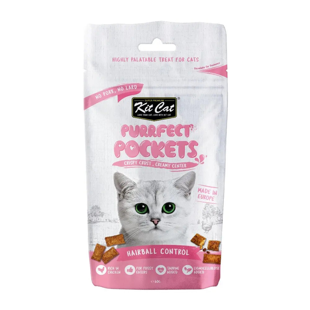 Kit Cat Purrfect Pockets cat treats for hairball control, featuring a crispy crust and creamy center.