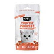 Salmon-flavored cat treats in a resealable bag, featuring a crispy crust and creamy center.