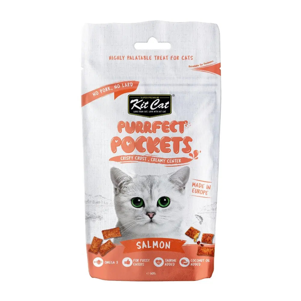 Salmon-flavored cat treats in a resealable bag, featuring a crispy crust and creamy center.