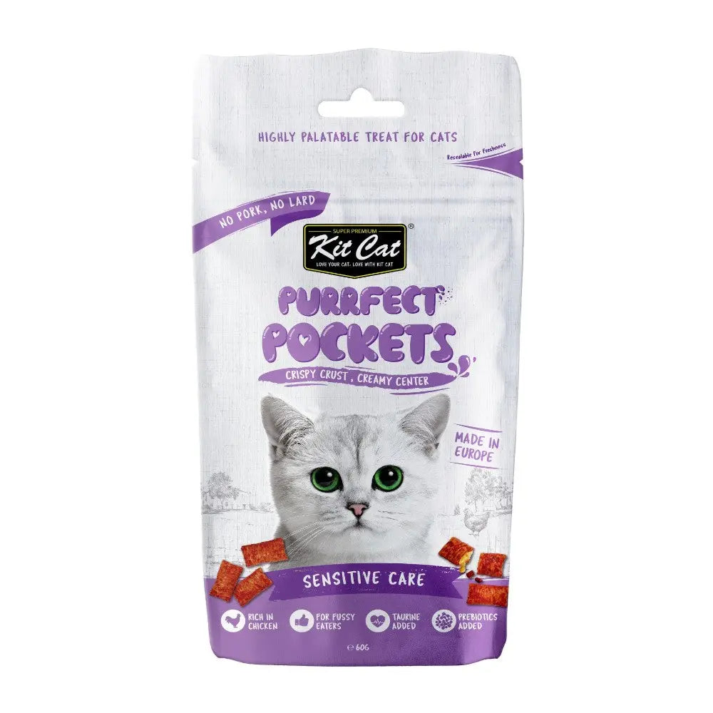 Crispy cat treat pouch with creamy center, designed for sensitive care and fussy eaters.