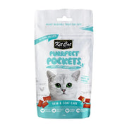 Crispy cat treat bag with creamy center, promoting skin and coat health for picky eaters.