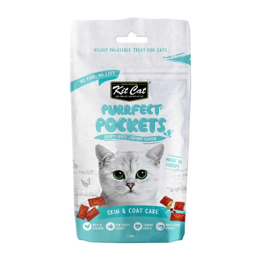 Crispy cat treat bag with creamy center, promoting skin and coat health for picky eaters.