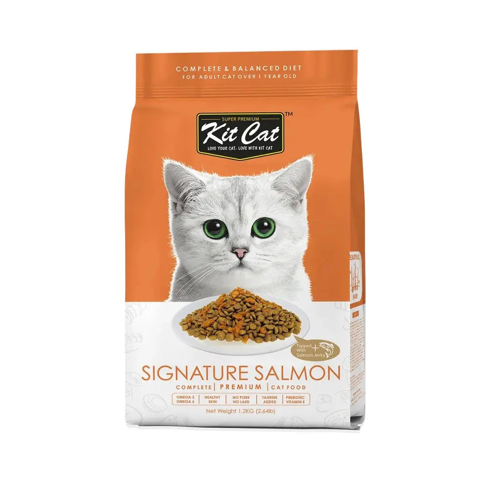 Premium cat food bag featuring salmon, designed for adult cats with a balanced diet.