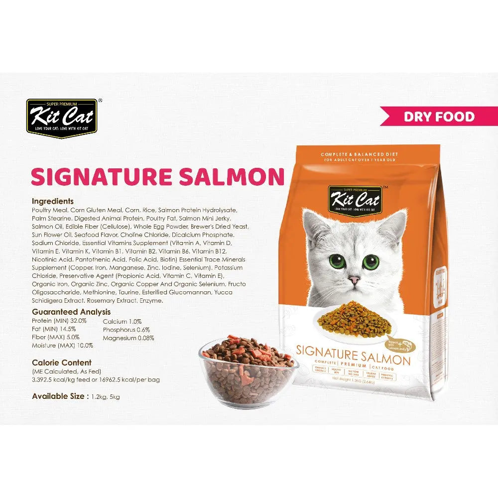 Kit Cat Signature Salmon dry cat food bag with ingredients and nutritional information displayed.