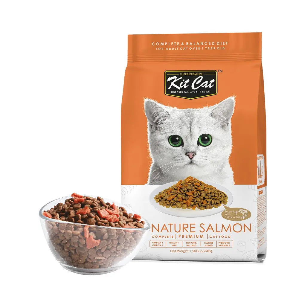 Premium Kit Cat salmon cat food in a bag with kibble in a bowl, ideal for adult cats over one year old.