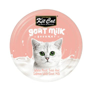Kit Cat gourmet cat food featuring white meat tuna and salmon with goat milk, ideal for feline nutrition.