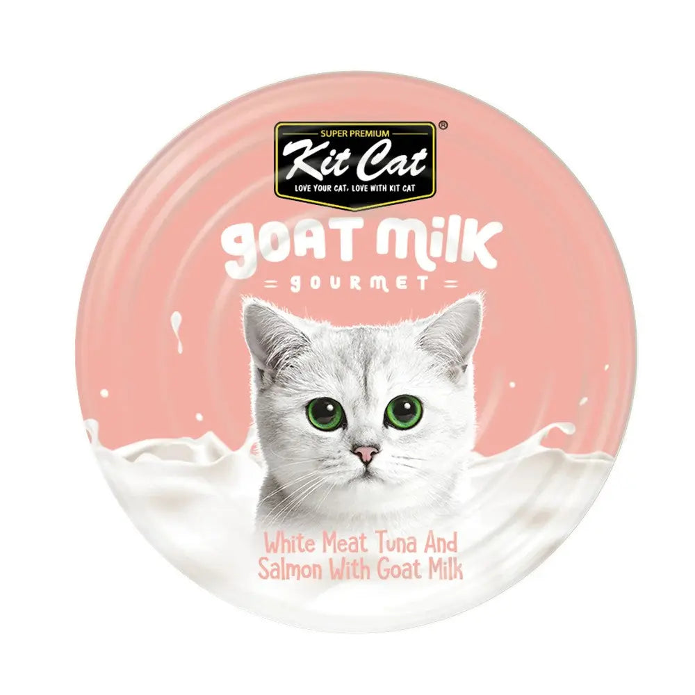 Kit Cat gourmet cat food featuring white meat tuna and salmon with goat milk, ideal for feline nutrition.