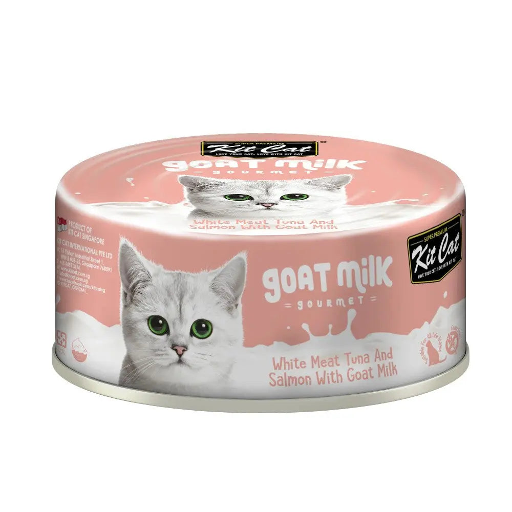 Gourmet cat food can featuring white meat tuna and salmon with goat milk for a nutritious meal.