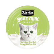 Kit Cat gourmet cat food featuring white meat tuna and shrimp with goat milk in a vibrant green packaging.