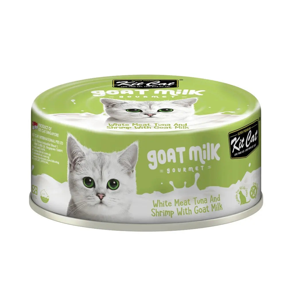 Gourmet cat food can featuring white meat tuna, shrimp, and goat milk for a nutritious meal.