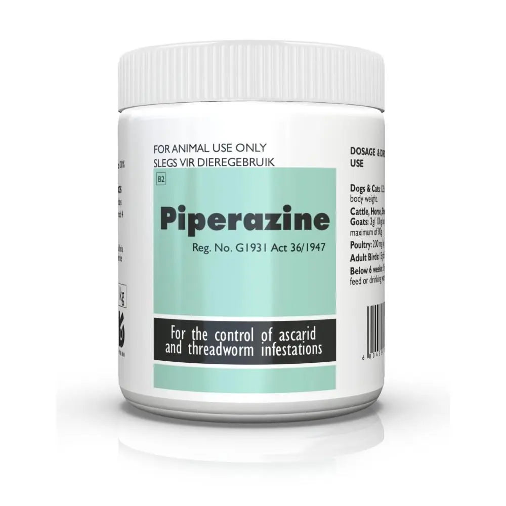 Piperazine powder for controlling ascarid and threadworm infestations in animals.