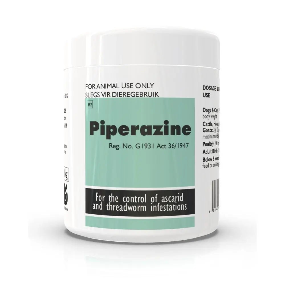 Piperazine powder for controlling ascarid and threadworm infestations in pets.