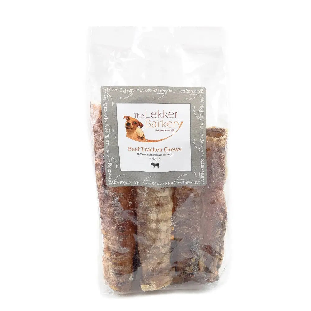 Beef trachea chews in a clear bag, perfect for dog treats and natural pet snacks.