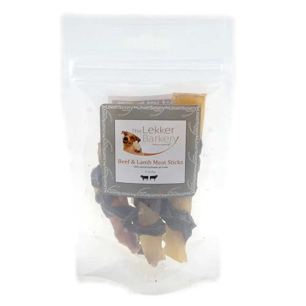 Beef and lamb meat sticks for dogs in a clear packaging, perfect for training and treats.
