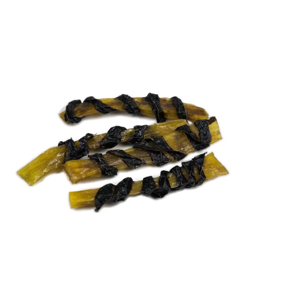 Dried seaweed strips, twisted and ready for snacking or culinary use.