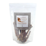 Ostrich chews in a clear bag, 100% natural dog treats for healthy pet snacking.