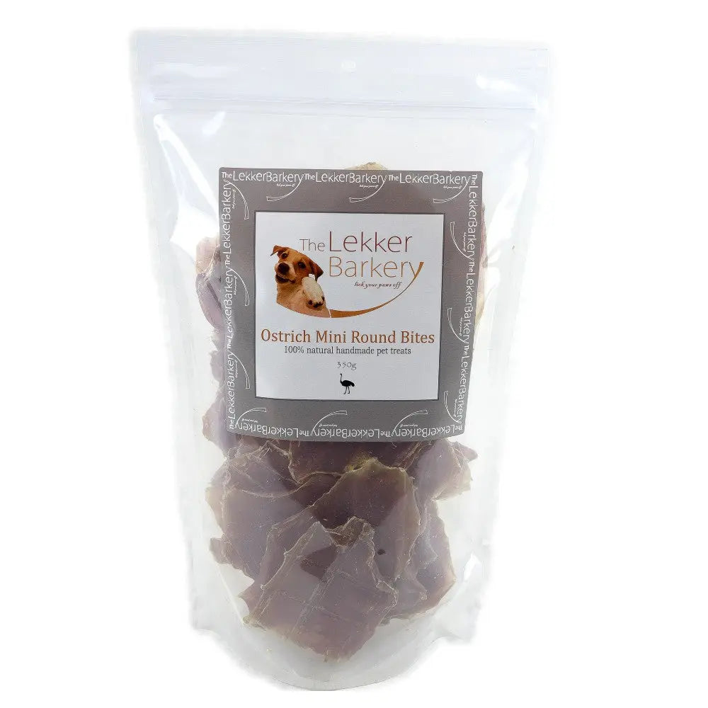 Ostrich mini round bites in a clear bag, perfect natural treats for dogs.