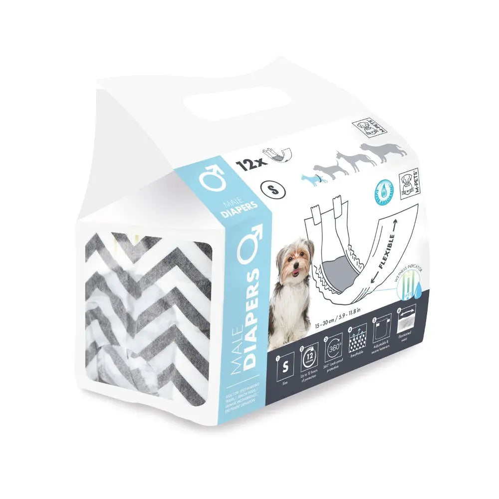 Male dog diapers pack, featuring 12 absorbent diapers with a stylish chevron design for easy pet care.