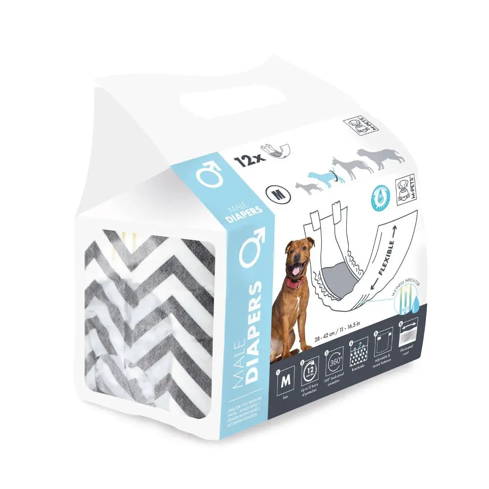 Male dog diapers packaging with a modern design, featuring size and usage instructions.