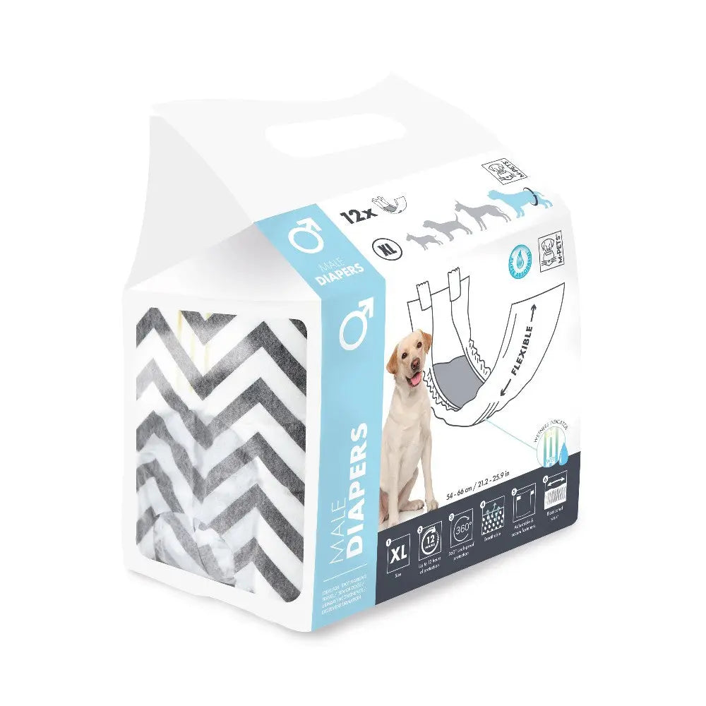 Male dog diapers packaging with a clear label and instructions for use.
