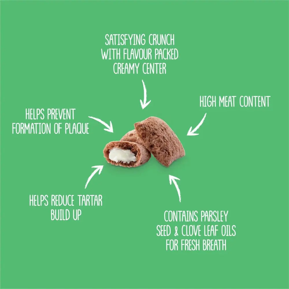 Crunchy dog treat with creamy center, high meat content, and ingredients for fresh breath and dental health.