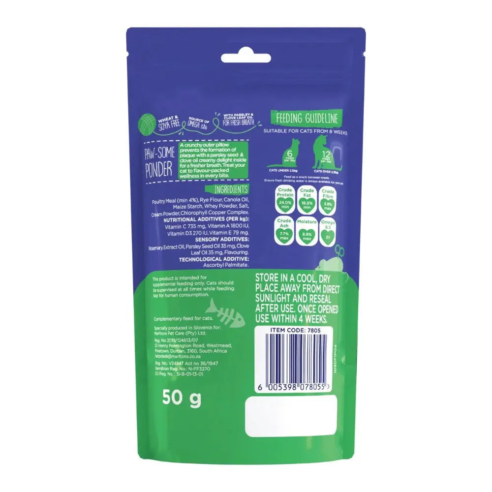 Paw-some Ponder pet food packaging with feeding guidelines and ingredient list for optimal nutrition.