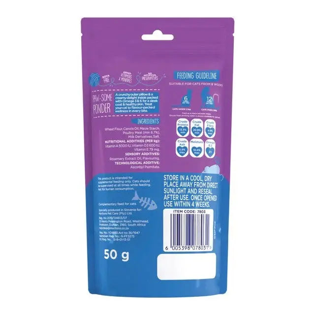 Paw-some powder packaging with feeding guidelines and ingredient details for pet nutrition.