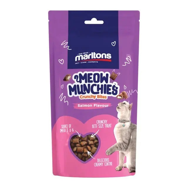 Crunchy salmon-flavored cat treats in a vibrant packaging, perfect for rewarding your feline friend.