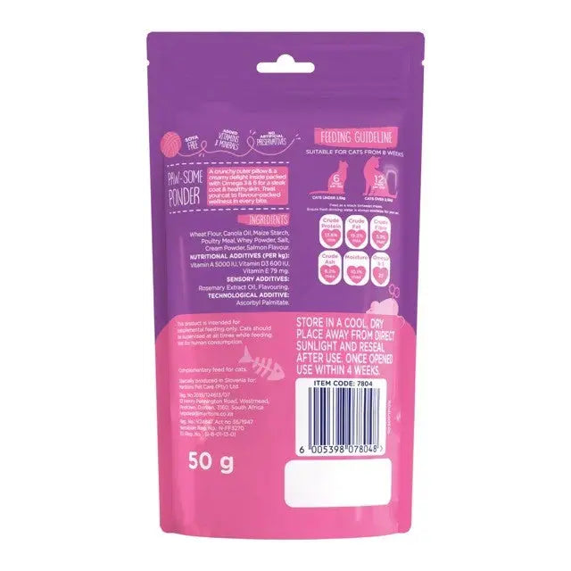 Cat food packaging featuring feeding guidelines, ingredients, and storage instructions for optimal freshness.