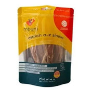 Ostrich A-Z sinews dog treats in a colorful, resealable packaging for all dog sizes.
